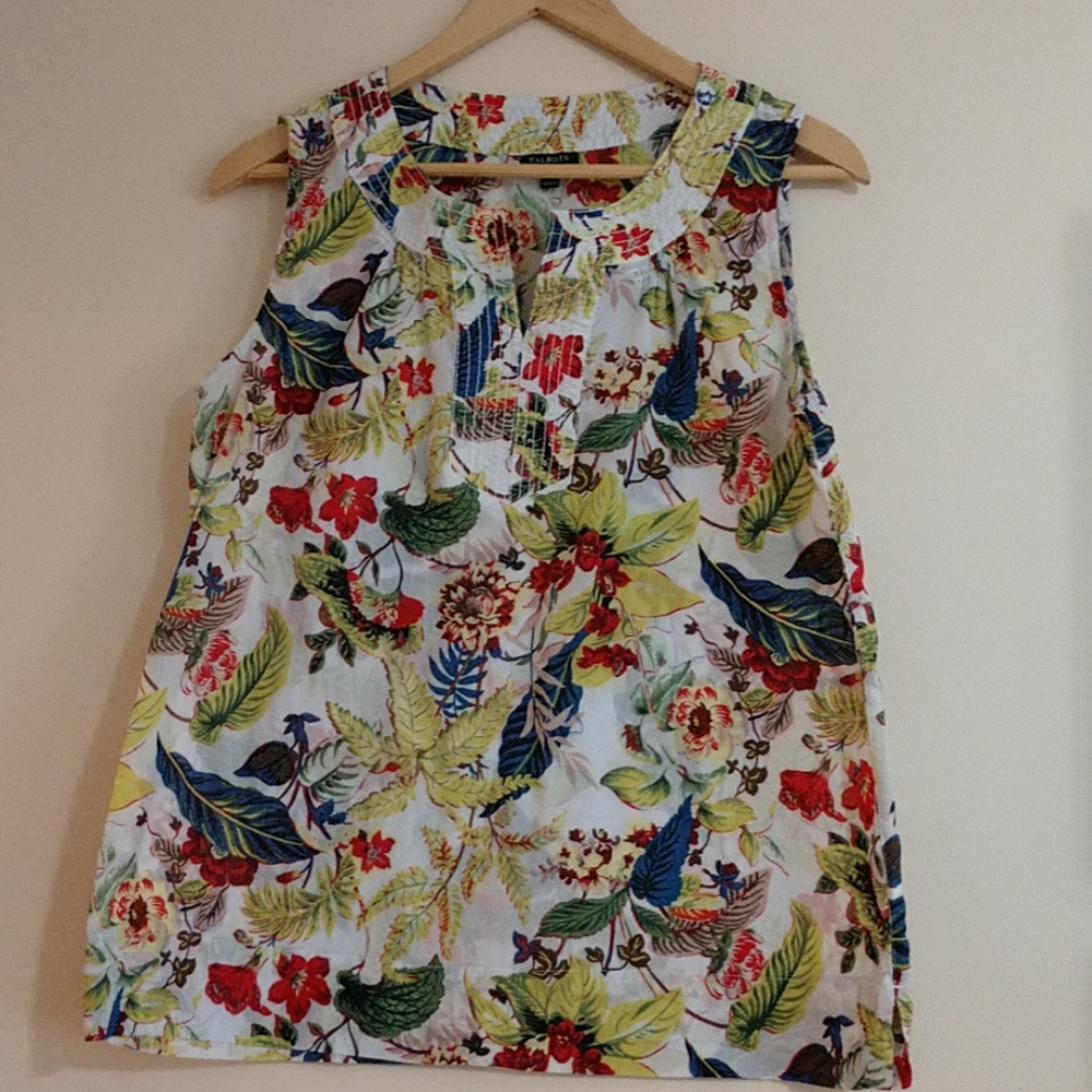 Talbot's colorful, split neck, sleeveless blouse